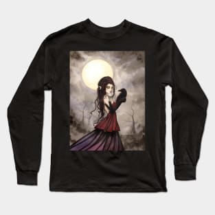 The Raven Gothic Fantasy Woman Full Moon by Molly Harrison Long Sleeve T-Shirt